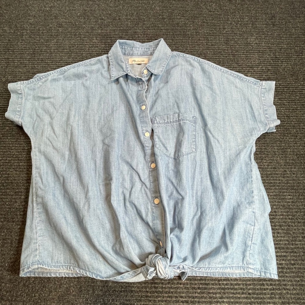 Madewell Women XS Light Wash Chambray Tie Front Short Sleeve Button Down Shirt